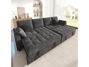 Canapé d’angle convertible 4 places 262,5x140x89 cm, 2 couchages gigognes indépendants, dossier réglable 3 positions, led, usbtype-c, chenille gris