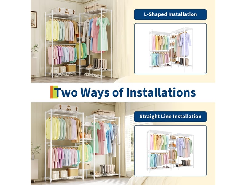  Portant à vêtements en métal robuste en l – 4 tringles &amp; 7 étagères réglables – coin de chambre, grand capacité  – (2x3x2 étages) PHK_36PBLPAP - Conforama E