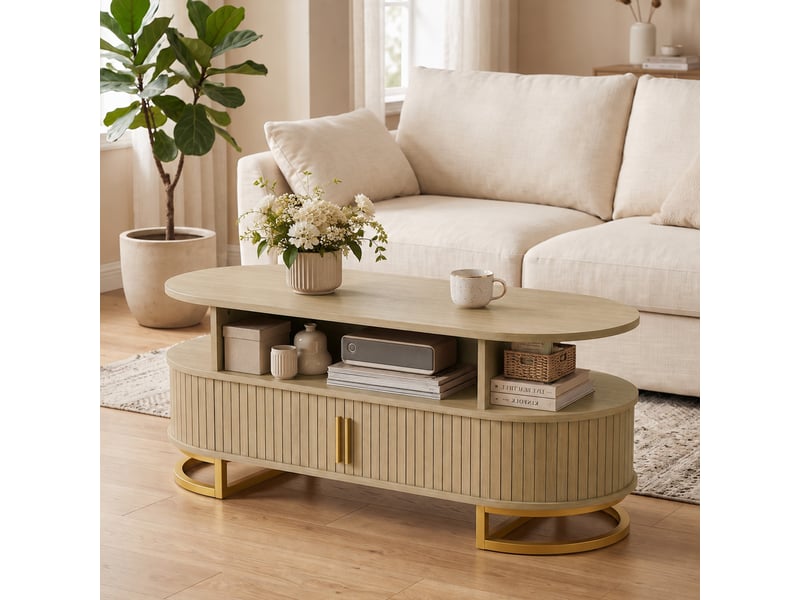  Table basse design ovale effet bois clair métal doré 2 portes coulissantes  - Conforama B