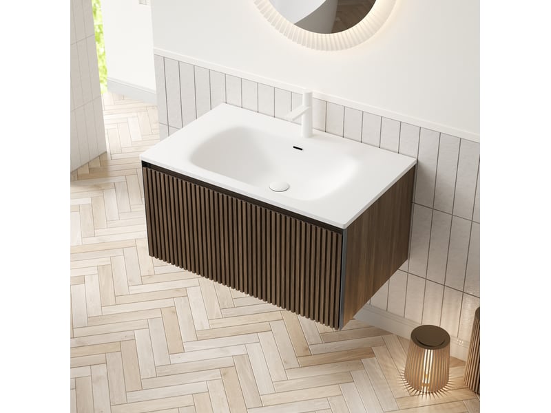  Meuble sous vasque suspendu 1 tiroir fermeture douce avec vasque intégrée pour salle de bain brun chêne 80 × 46 × 41,8 cm  - Conforama B
