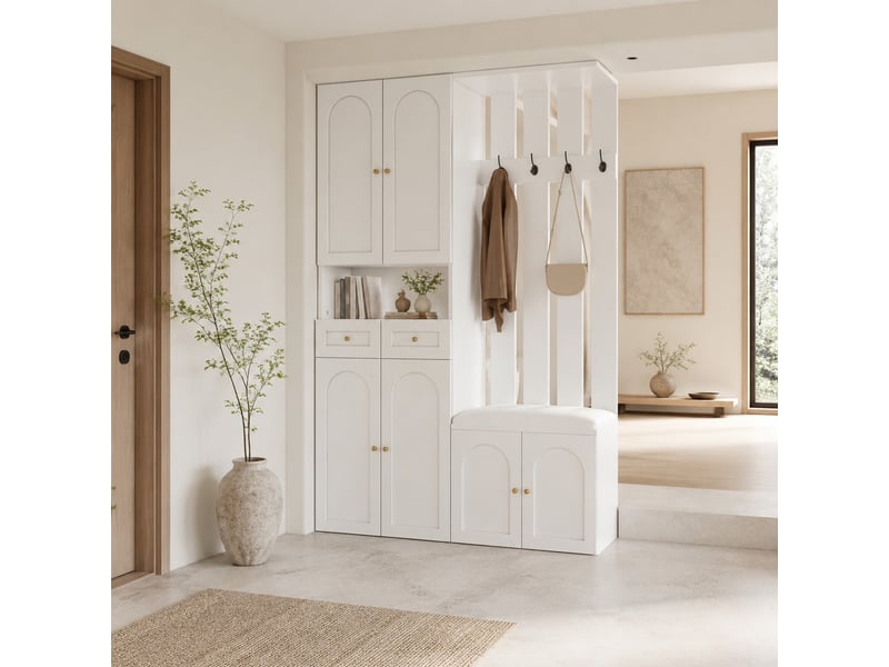  Meubles d'entrée avec banc, 6 portes, 2 tiroirs et 4 patères pour chaussures et accessoires, blanc, 110 × 37 × 180 cm  - Conforama D