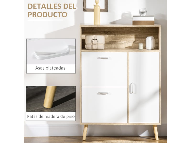  Meuble à chaussures pour 8 paires avec 2 tiroirs abattants, penderie et étagère, 80 x 25,5 x 112,5 cm, naturel et blanc  - Conforama E