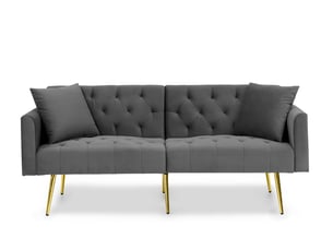 Canapé convertible 2 places 177x78x74 cm gris en velours, dossier réglable 3 positions, pieds métalliques