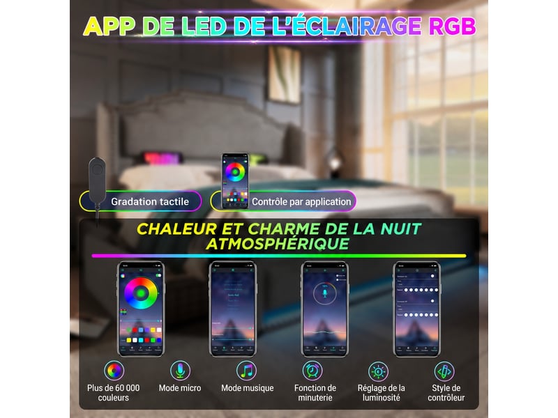  Lit double 140x200 en velours gris, 4 tiroirs, led et usb-c  - Conforama E