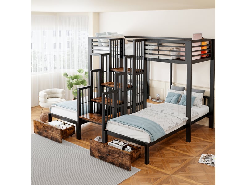 Lit superposé 3 couchages 90x200 cm avec escalier central et 2 tiroirs - Conforama C