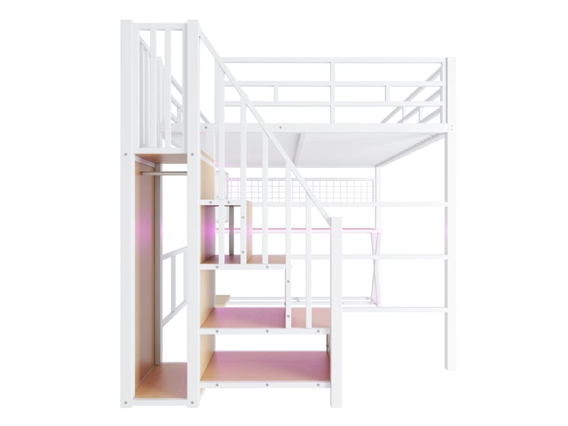 Lit mezzanine 160 x 200 cm avec bureau, armoire, led et escalier avec rangement, lit double en métal blanc avec étagères et garde-corps - Conforama E