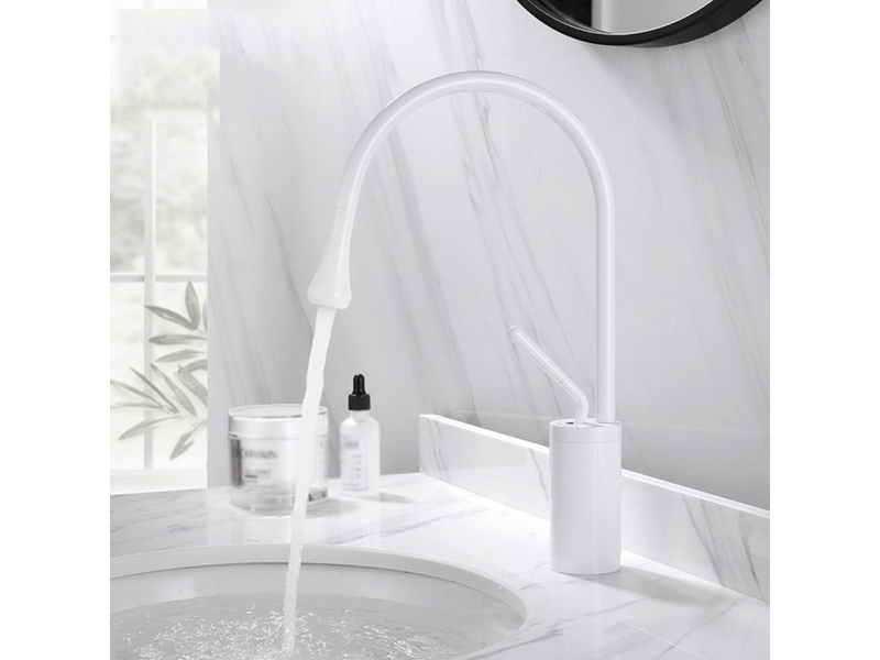  Robinet de salle de bain avec bras pivotant à 360° et design en forme de larme, mitigeur blanc, profil bas  - Conforama C