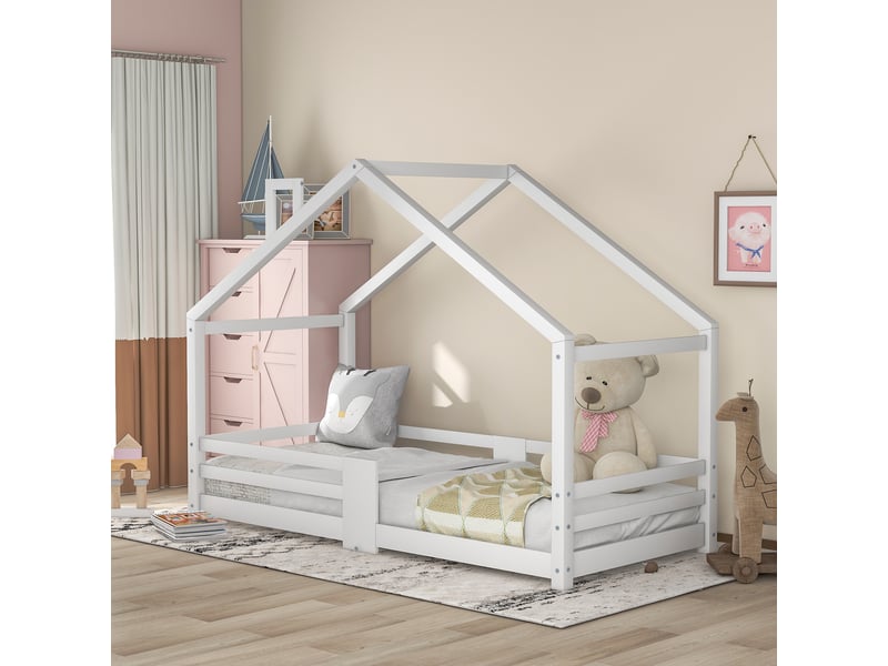  Lit cabane enfant 90x200cm, sommier, décoration de la cheminée de toit,protection, bois, blanc, sans matelas  - Conforama B