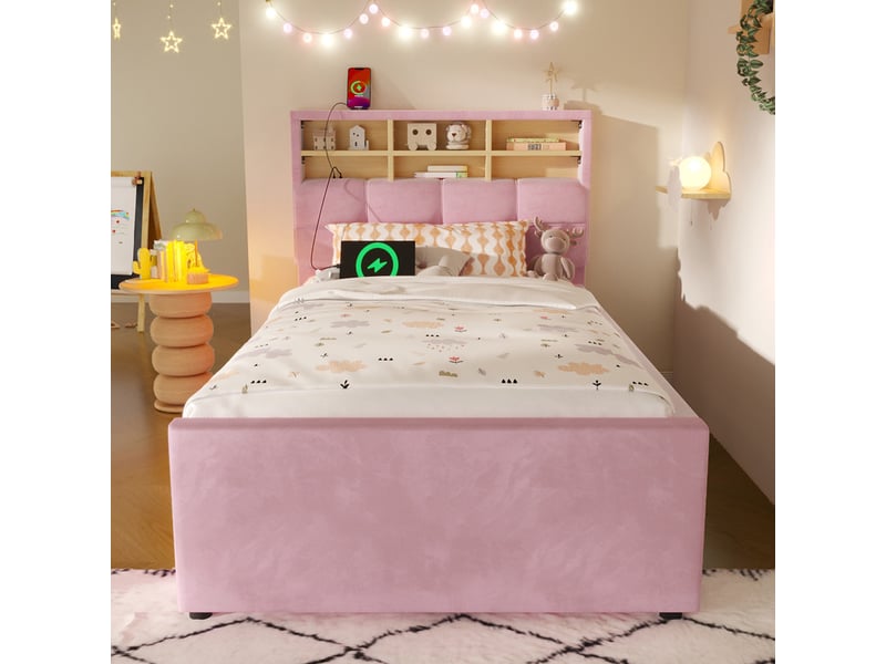  Lit pour enfant 90 x 200 cm – avec lit gigogne – avec port usb-c – velours – rose (matelas non inclus)  - Conforama D