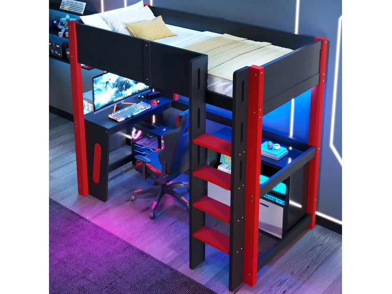  Lit mezzanine 90x200 cm en pin et mdf noir avec bureau, panneau perforé et led  - Conforama B