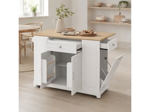 Îlot de cuisine mobile 131,8 x 40-70 x 93,3 cm – blanc et naturel – plateau extensible avec rangements