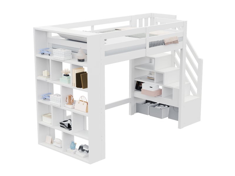 Lit mezzanine 90x200cm avec étagères, escalier de rangement, barrières de sécurité, éclairage led et sommier à lattes, bois, blanc evarich - Conforama A