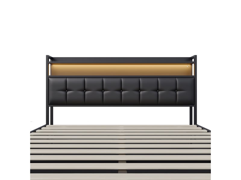  Lit 140x190cm - lit coffre 140x190cm - lit rembourré pu avec sommier hydraulique led prises et étagère - noir  - Conforama D