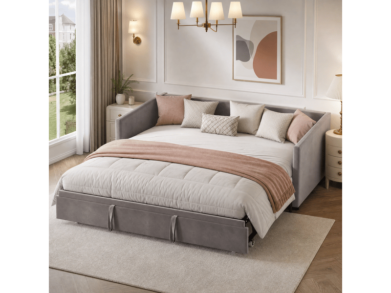  Canapé-lit 90/180 x 200 cm, lit de jour convertible pour 2 adultes, lit rembourré avec lit d'appoint coulissant et sommier à lattes, convertible en lit double, velours, gris, sans matelas  - Conforama B