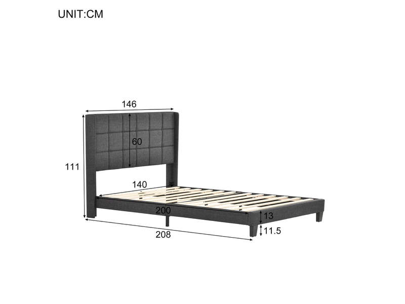  Lit double capitonné 140x200cm, lin gris, tête rembourrée, sommier à lattes, matelas à ressorts inclus  - Conforama B