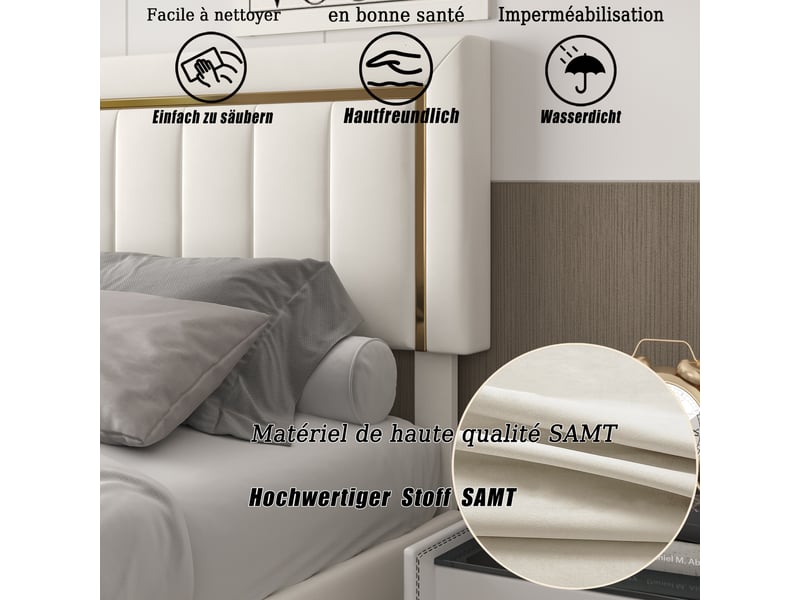  Lit coffre 140x190, lit 2 places avec rangement hydraulique, tête de lit et sommier à lattes, velours beige  - Conforama E