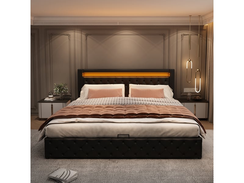 Lit coffre 160x200 avec sommier à lattes, lit tapissier noir en similicuir pu avec éclairage led et grand espace de rangement. - Conforama D