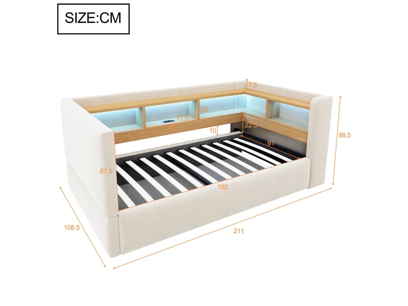  Lit simple 90 × 190 cm avec coffre hydraulique, niches de rangement, éclairage led et prises, en flanelle beige  - Conforama C