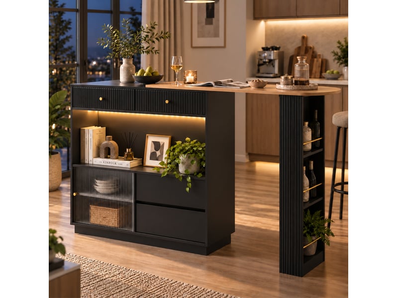 Îlot de cuisine 120x30x100 cm extensible pivotant à 360° avec led noir - Conforama D