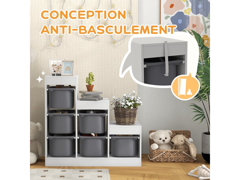 Meuble de rangement pour jouets des enfants avec 6 bacs amovibles, 96 x 38,5 x 90, 3 niveaux de rangement, gris  - Conforama R