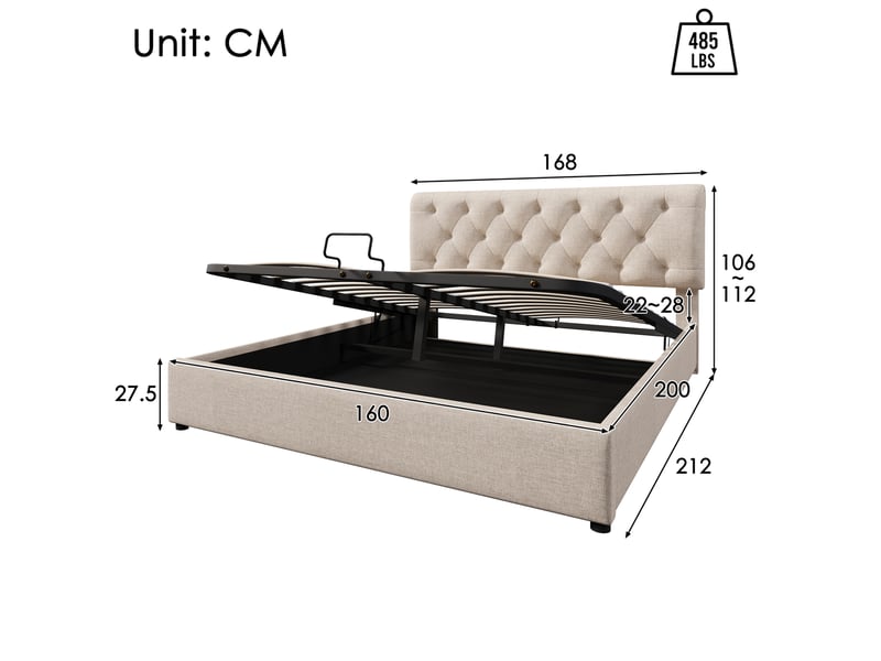 Lit coffre 160 × 200 cm 2 places, tête de lit réglable, rangement hydraulique, matelas inclus, en lin naturel - Conforama D