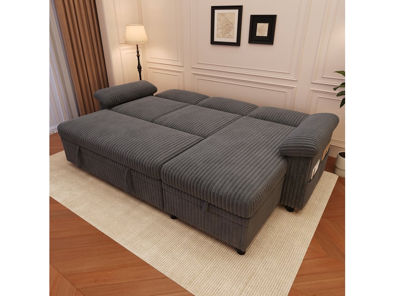  Canapé d'angle convertible réversible avec coffre, dossier réglable et ports usb et type-c en velours côtelé gris  - Conforama E