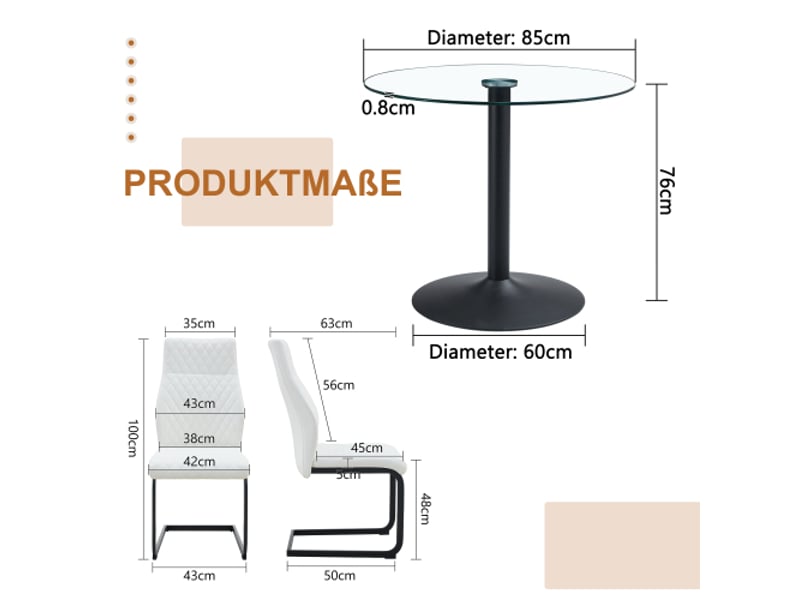  Table ronde en verre 85 cm + 2 chaises blanches à haut dossier pu motif diamant – idéal pour petits espaces et bars  - Conforama C