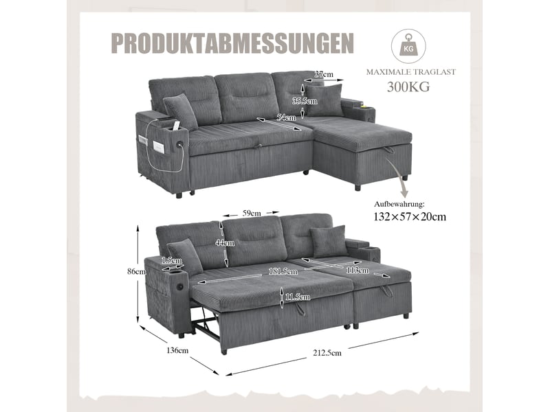  Canapé convertible modenvie 3 places avec méridienne hydraulique, lit gigogne, rangement et usb-c gris carbone 212,5 x 136 x 86 cm  - Conforama C