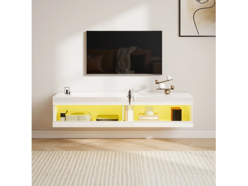  Meuble tv mural 140 x 40 x 30 cm led rgb 16 couleurs, bois blanc brillant  - Conforama E
