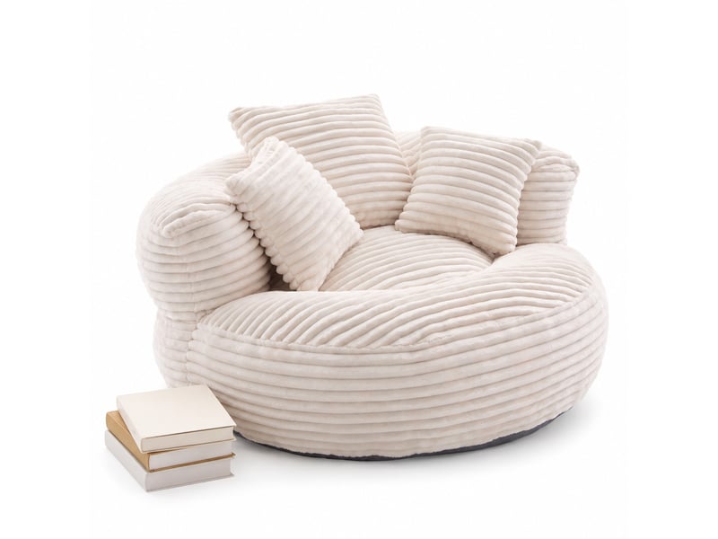  Fauteuil pouf ergonomique à dossier haut avec accoudoirs, assise rembourrée en velours côtelé beige, 108 × 108 × 52 cm  - Conforama A