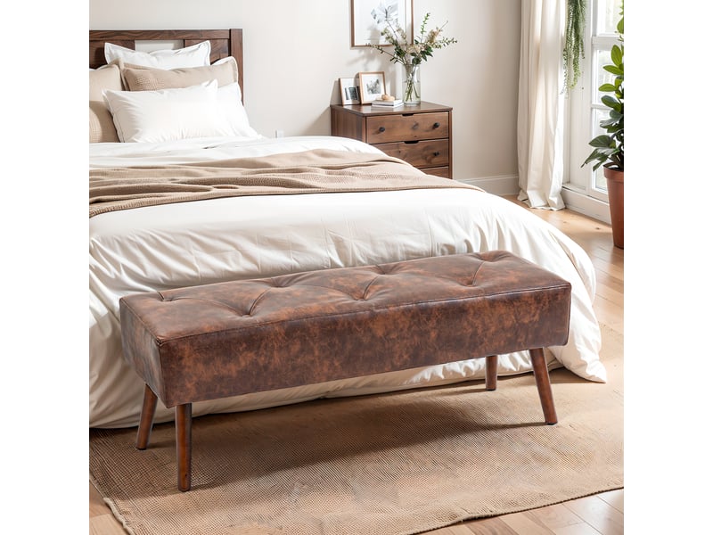  Banc de chevet avec pieds en bois et assise rembourrée, 114 x 38 x 42 cm, marron  - Conforama C