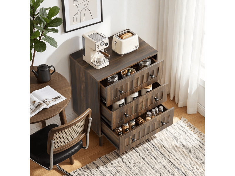  Commode 3 tiroirs avec façades rainurées et poignées noires pour chambre ou entrée en mdf noyer 60 × 40 × 78 cm  - Conforama E