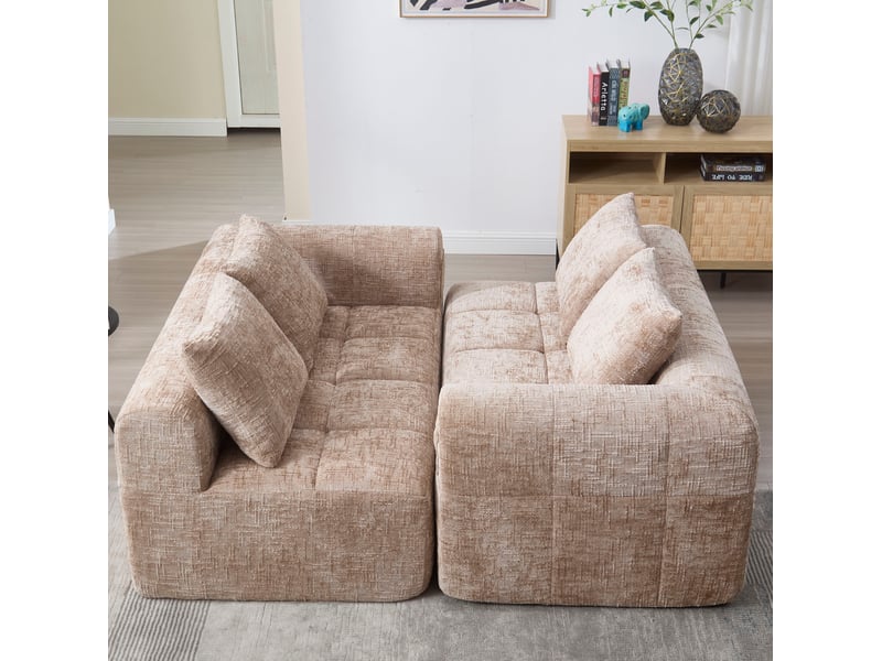  Canapé 2 places 158x90x60 cm, avec 1 coussin et poches de rangement, prêt à poser, finition tissu chenille kaki  - Conforama E