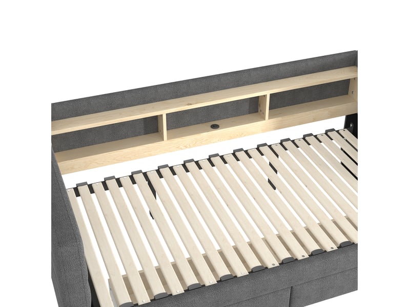 Lit enfant gigogne 90x190 cm avec led, 2 tiroirs, style minimaliste, ports usb type-c velours gris sans matelas - Conforama E