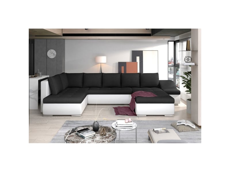  Canapé panoramique gyovani noir et blanc angle droit convertible couchage 140x294cm  - Conforama A