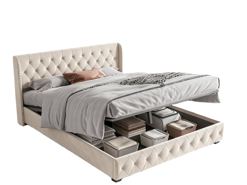  Lit 2 places 140×190 cm – lit coffre –  clous décoratifs – sommier à lattes – velours beige  - Conforama A