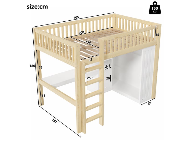  Lit mezzanine combiné 140x200 cm avec bureau, armoire, tiroirs, blanc et naturel  - Conforama C
