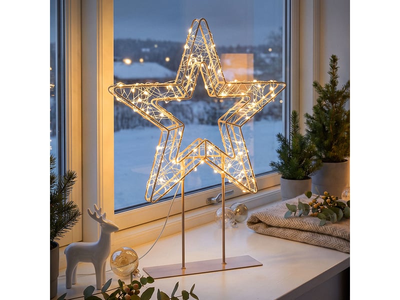  Ecd germany décoration de noël, étoile lumineuse sur pied doré 48,5 cm, avec 300 led lumière blanc chaud, silhouette décorative avec socle à poser, intérieur et extérieur, câble inclus, minuterie ECD Germany GmbH - Conforama B