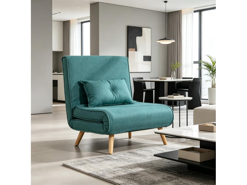 Fauteuil convertible clic-clac 1 place vert en tissu, dossier réglable 5 positions avec coussin, lit d'appoint  - Conforama E
