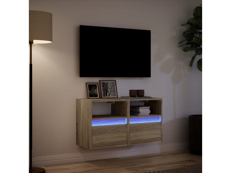  Lot de 2 meuble tv mural avec lumières led chêne sonoma 41x31x45 cm shl55614  - Conforama E