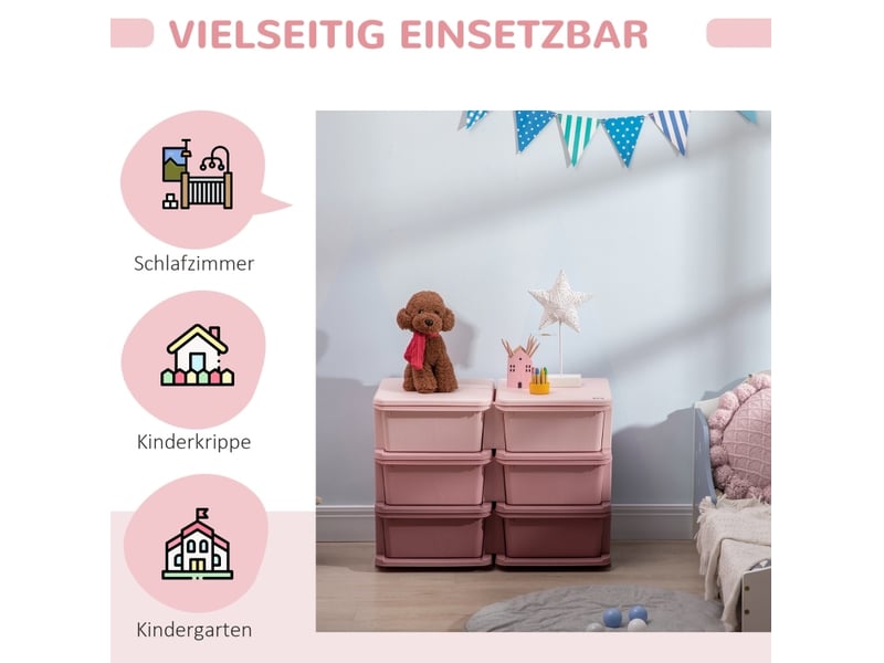  Meuble de rangement enfant 75 x 37 x 56,5 cm rose en plastique, 6 bacs amovibles pour jouets et vêtements  - Conforama D