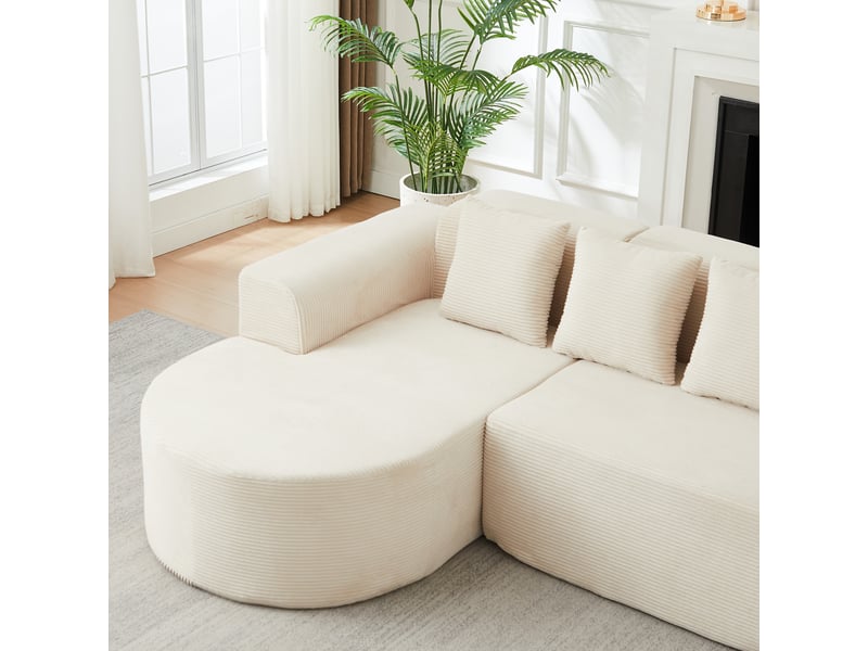 Canapé d'angle velours côtelé 4 places 220 cm beige, méridienne incurvée, sans montage - Conforama D