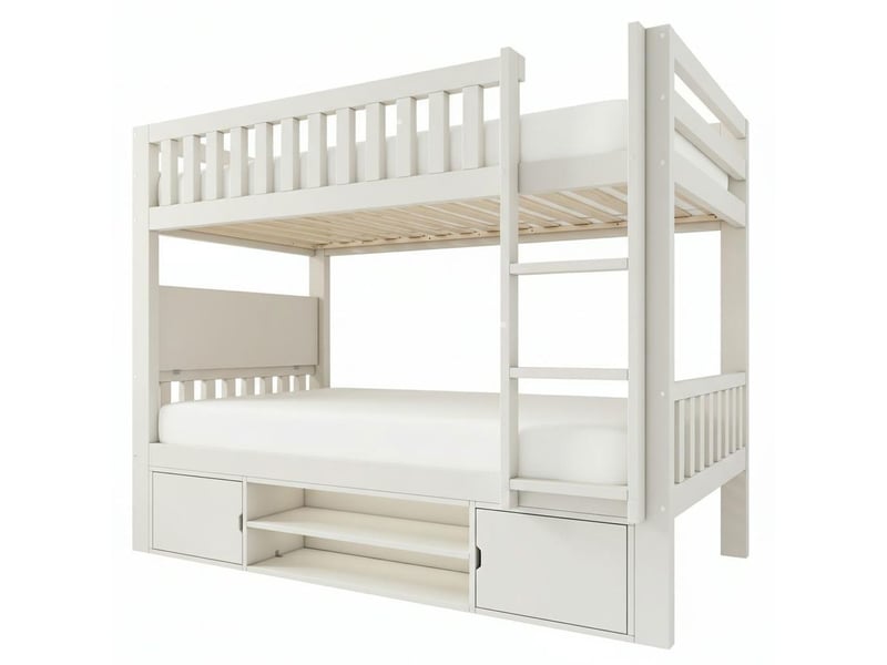 Lit superposé enfant blanc 90x200 cm plateau table rabattable étagère chaussures intégrée sommier lattes tout-en-un certifié  - Conforama A
