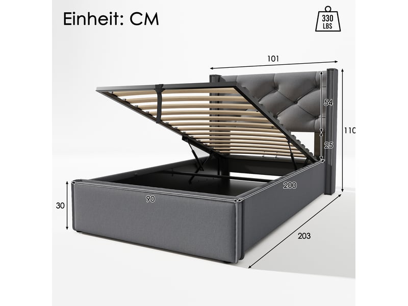 Lit coffre 1 place 90x200 cm à sommier relevable en coton gris - Conforama E