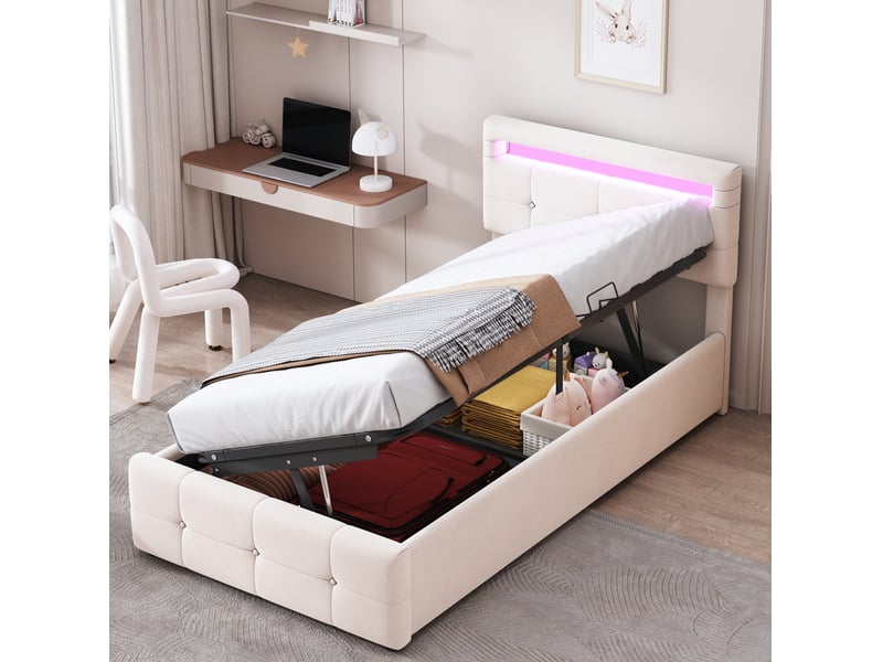  Modenvie lit enfant coffre 90x200 cm - avec led et rangement hydraulique, sans matelas - beige  - Conforama E