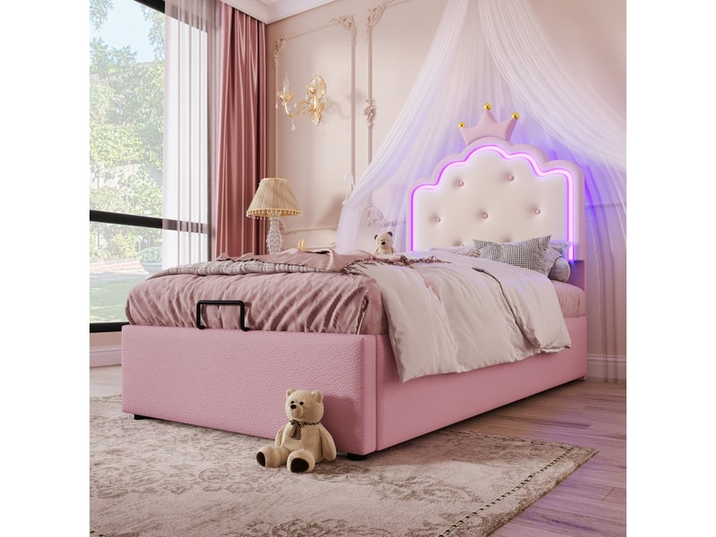 Lit rembourré rose 90x200 cm style princesse avec led et rangement hydraulique - Conforama B