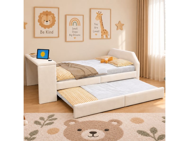 Lit pour enfant rembourré 90x200 cm – avec port de charge usb – avec lit gigogne – velours – beige (matelas non inclus) - Conforama B