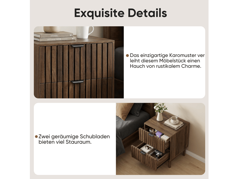  Table de chevet 2 tiroirs design lattes 45x39x56,5 cm, pieds en bois, poignées métal, mdf, noyer foncé  - Conforama E