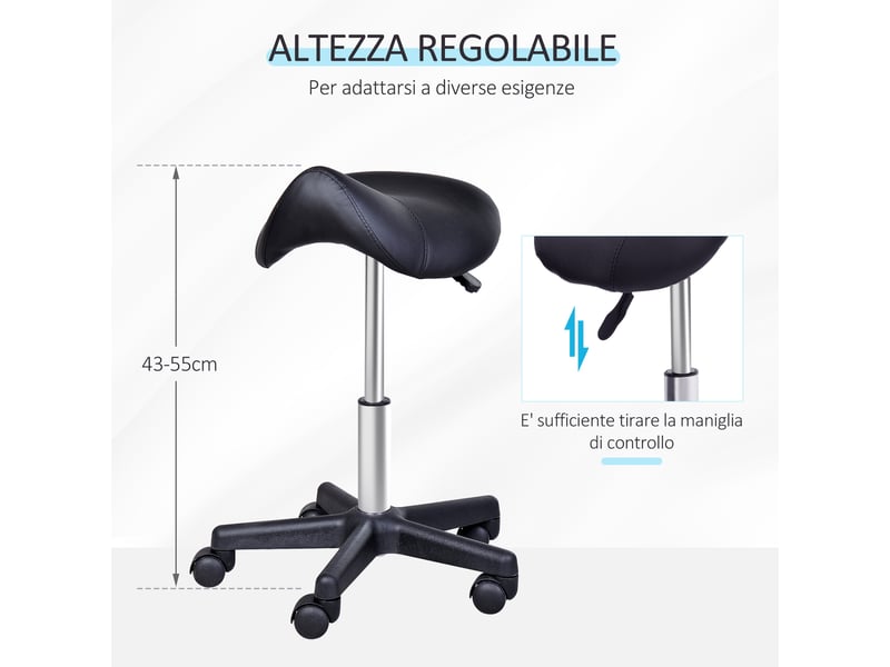 Tabouret de bar pivotant en forme de selle avec roulettes et hauteur réglable rembourré en simili cuir noir - Conforama E
