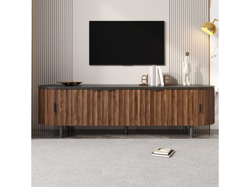  Meuble tv bas mdf 5 portes - façade striée, côtés arrondis - pieds et poignées en fer - style industriel  - Conforama D
